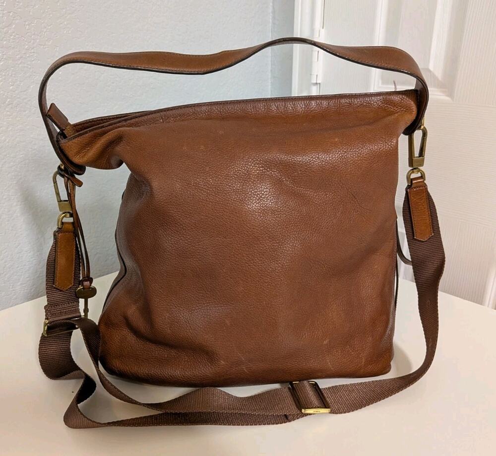 Fossil Maya Crossbody Hobo Shoulder Bag Purse Brown Pebbled Leather Vintage
